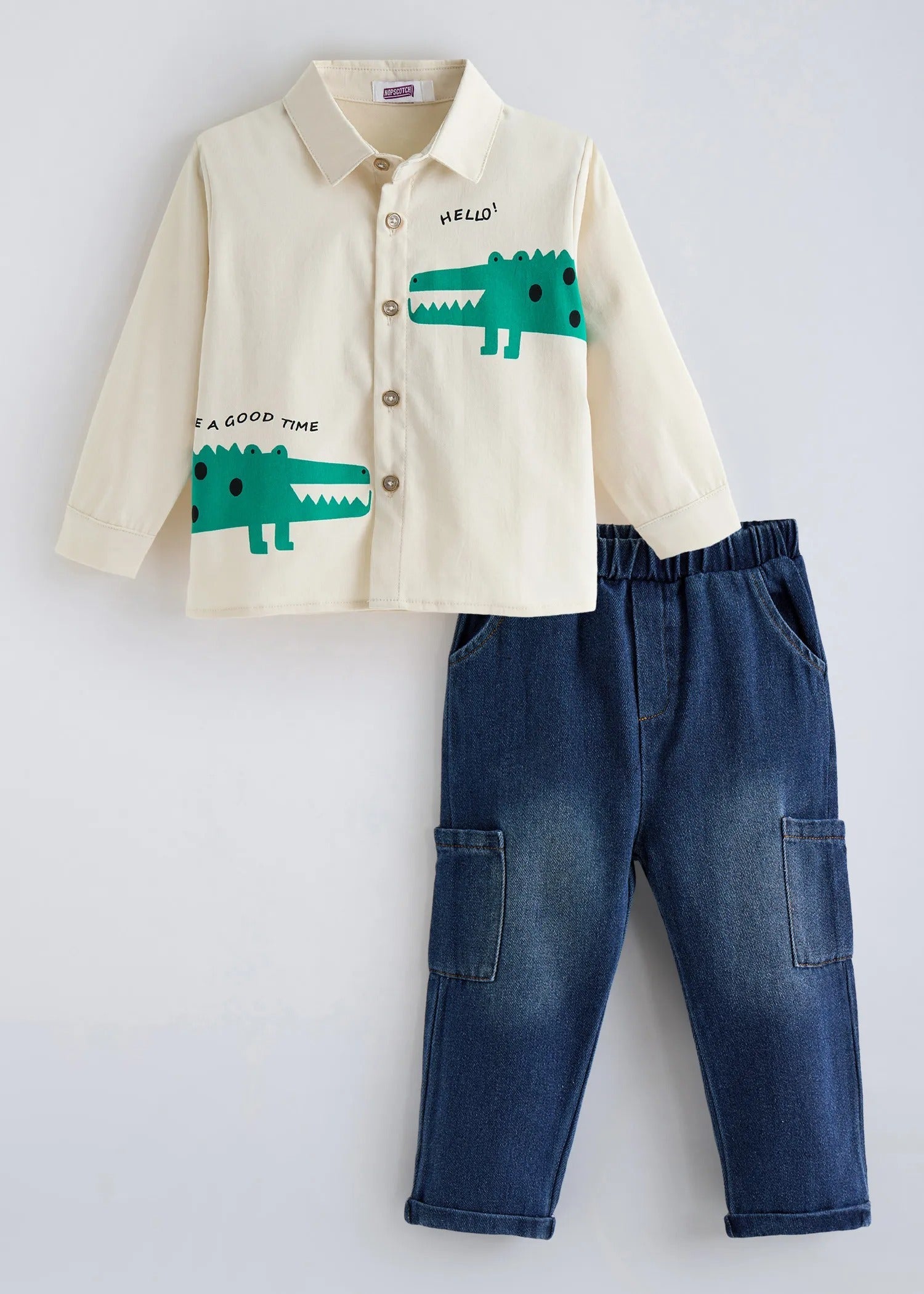 Kids Cartoon Printed Cotton Shirt & Denim Cargo Pants Co-Ord Set | Premium 2-Piece Casual Outfit for Boys & Girls